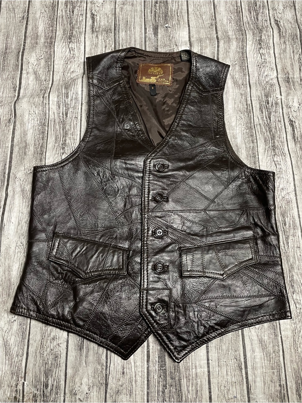 Adult Small Vintage Sundance Leather Patchwork Vest Great Condition Brown